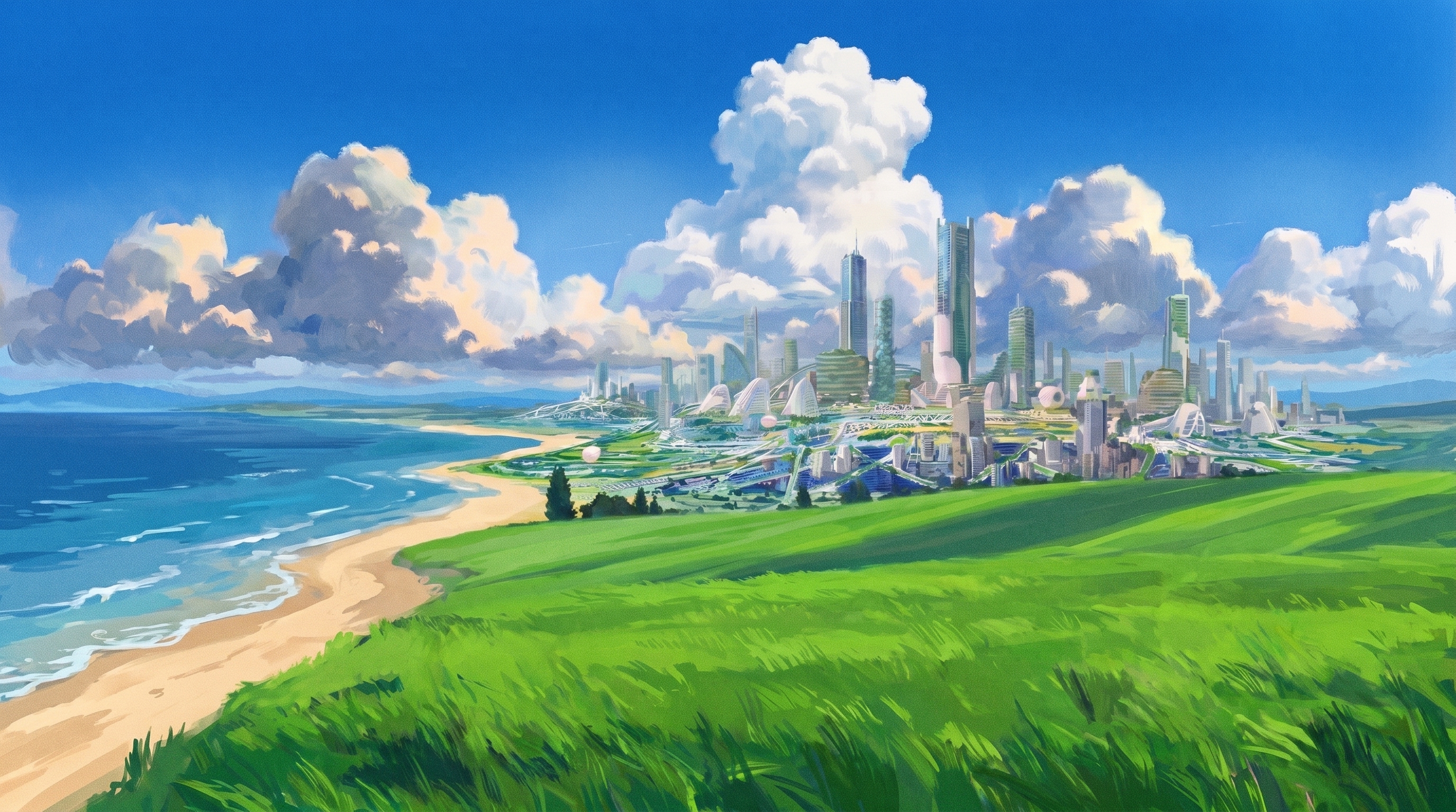 A glimmering coastal city rising beyond green fields and a blue shore